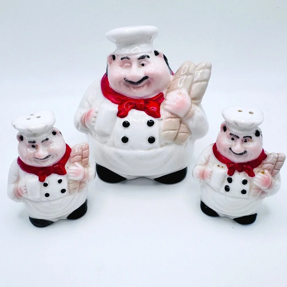 Vintage Chef Sponge Holder Salt Pepper‎ Shakers Farmhouse Kitchen Decor Kitsch